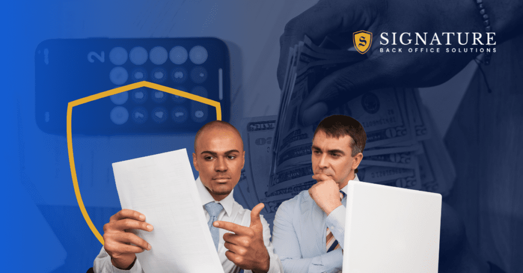 A couple of men sitting next to each other holding papers.