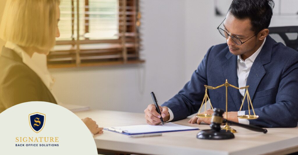 Business contract signing with legal symbols present, illustrating multi-state hiring compliance requirements for staffing firms