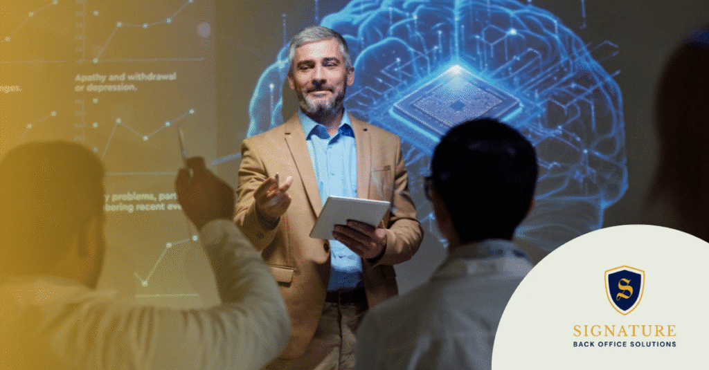 Business executive presenting AI outreach strategies for staffing firms to audience with digital brain visualization displayed.