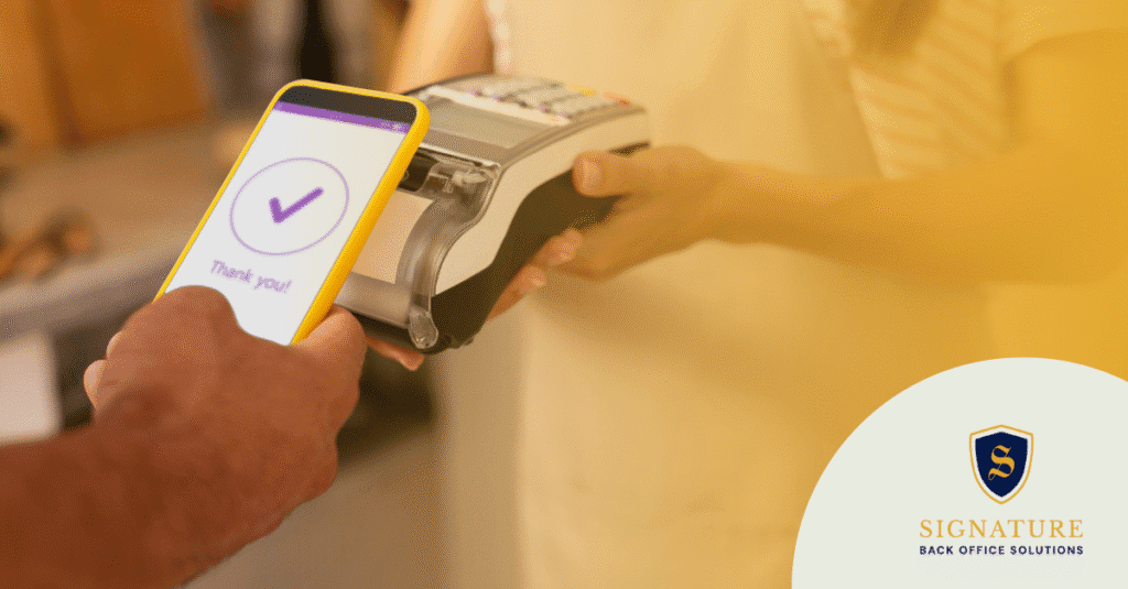 Mobile payment transaction showing streamlined invoicing and collection process for back office operations.