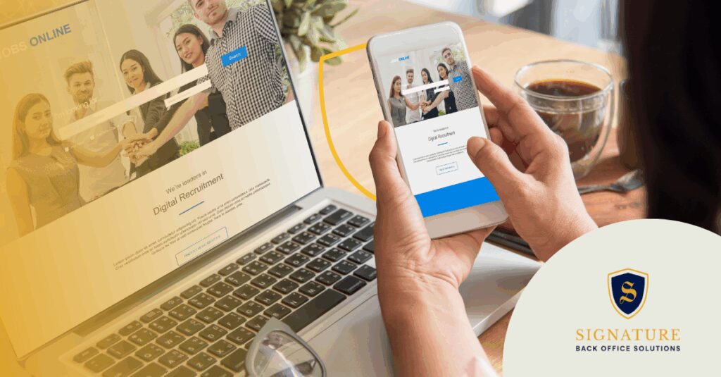 Hands using mobile and laptop for digital onboarding and recruitment technology platforms.