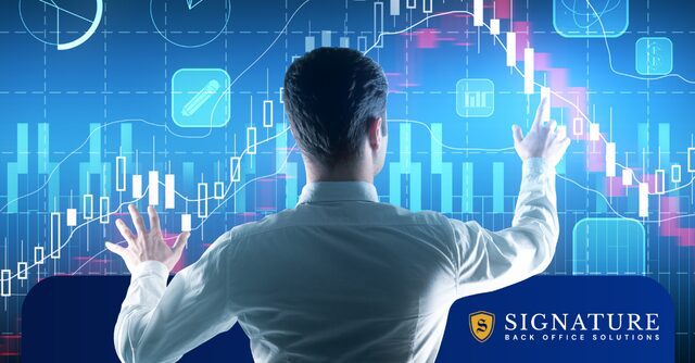 Business professional analyzing staffing technology trends on digital dashboard with data visualization and charts.