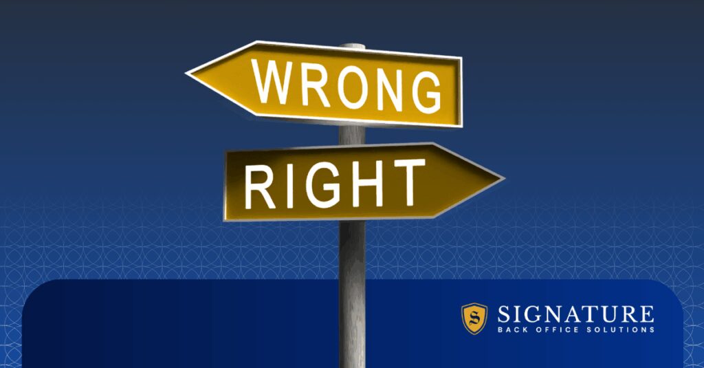 Road sign showing wrong and right directions illustrating back-office mistakes that staffing firms must avoid to prevent costly compliance issues.