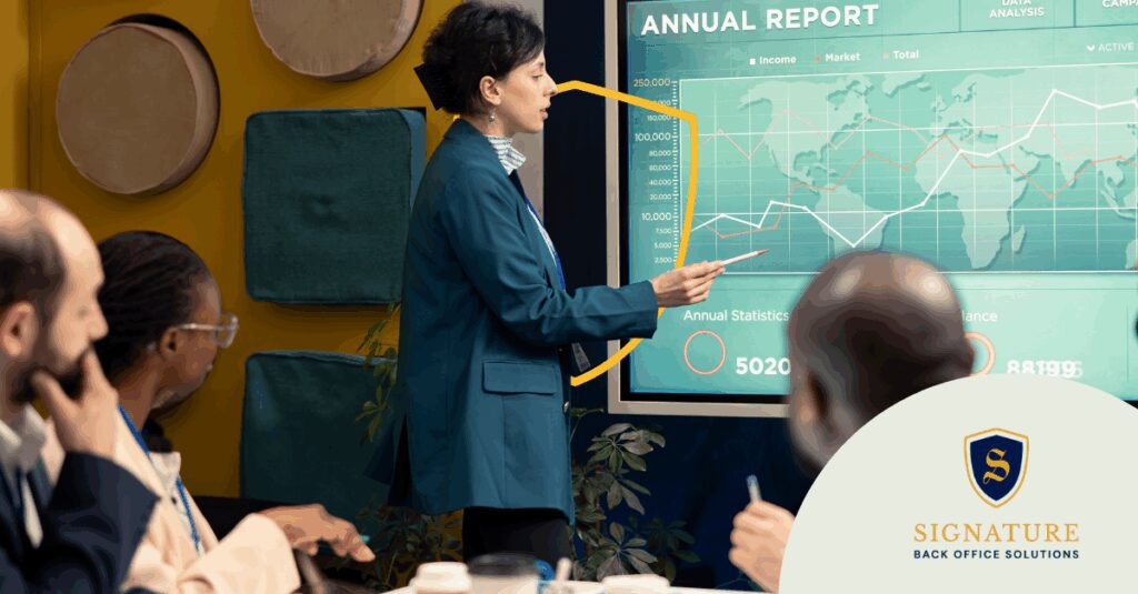 Staffing business leader presenting annual report and staffing firm growth strategy to executive team.