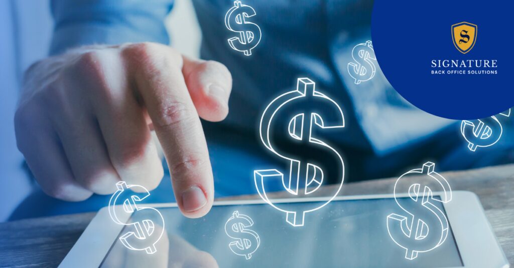 Hand touching tablet with dollar signs representing gross profit advance funding for business growth.