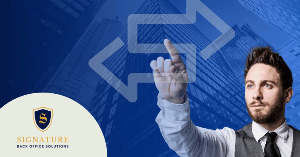 Professional staffing executive interacting with digital interface technology, representing the decision to switch from factoring to EOR services for improved business operations.