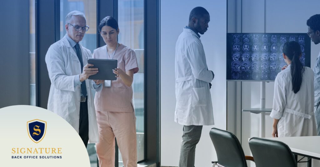 Healthcare team demonstrating contract staffing in verticals through collaborative medical practice.