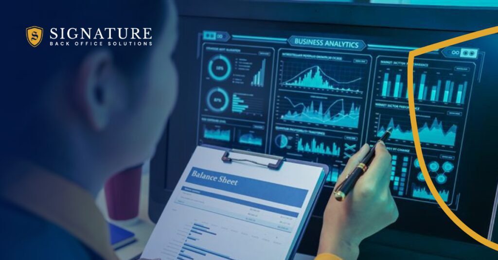 Professional using staffing automation tools to analyze business performance data.