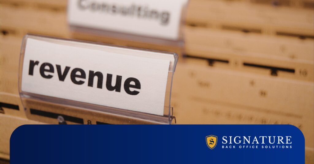 Filing system with revenue and consulting tabs representing staffing firm valuation and recurring revenue tracking.