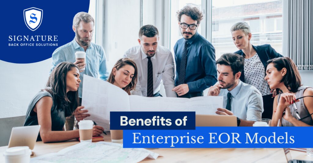 Enterprise EOR model benefits visualized through interconnected puzzle pieces and key business terms.