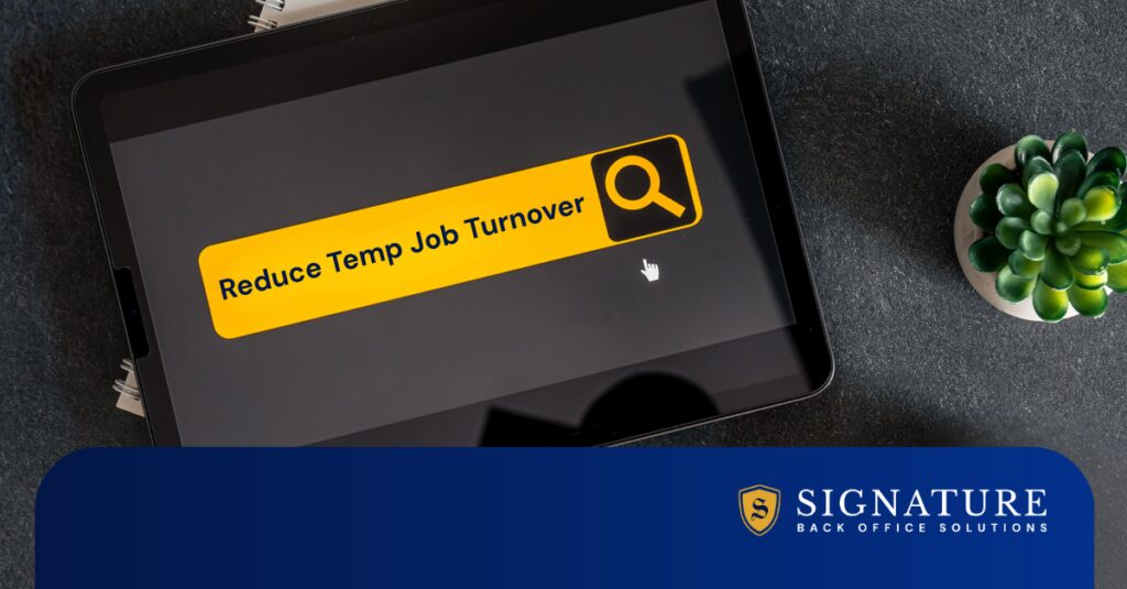 A tablet displaying a search bar with the phrase "Reduce Temp Job Turnover," representing strategies for managing turnover in contract staffing.